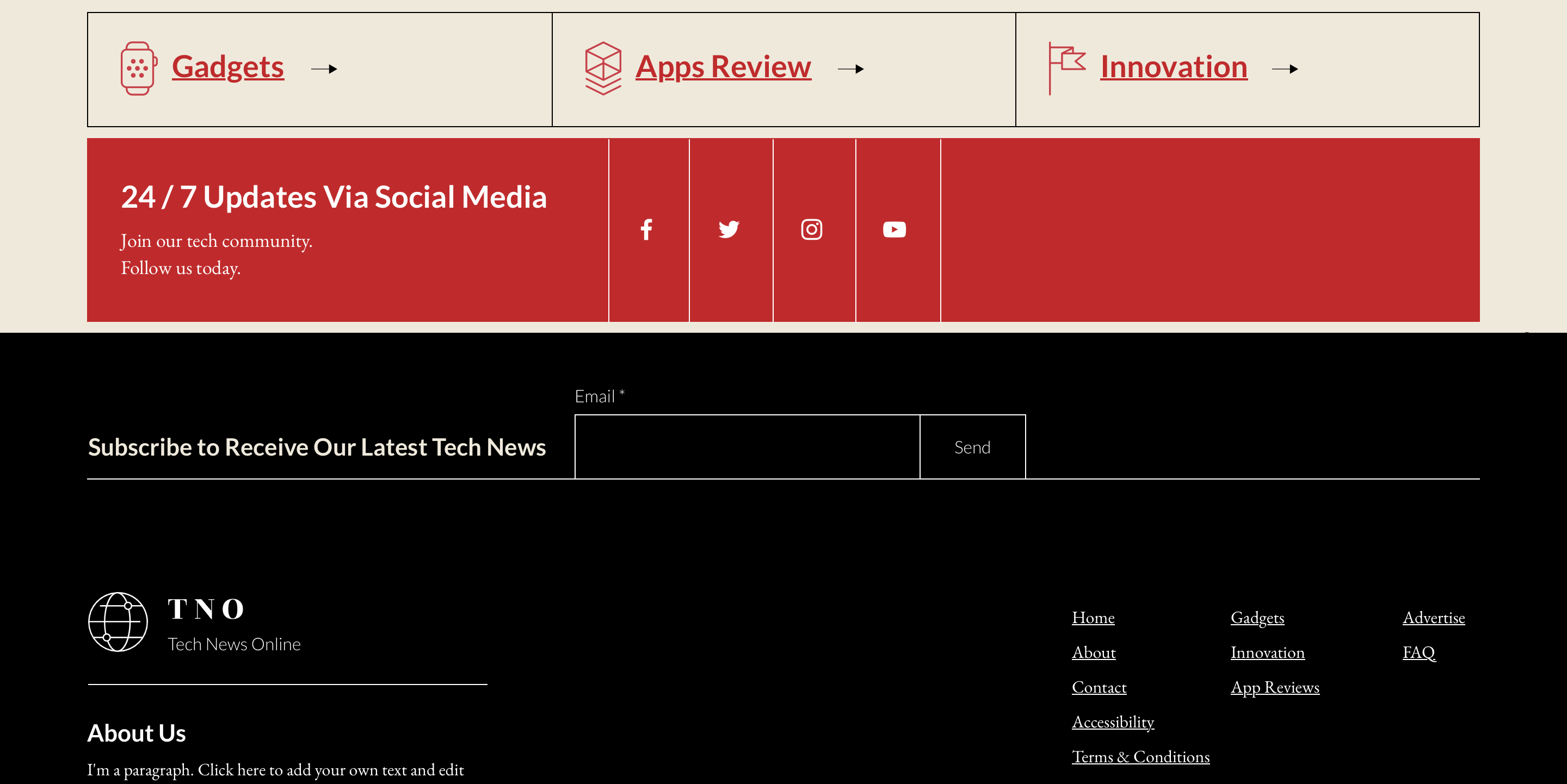 Categories, Social Medias, Email List Subscription and Additions.